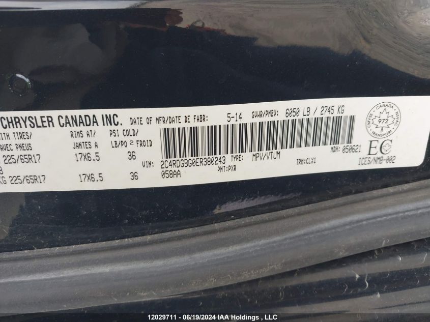 2014 Dodge Grand Caravan Se/Sxt VIN: 2C4RDGBG0ER380243 Lot: 12029711