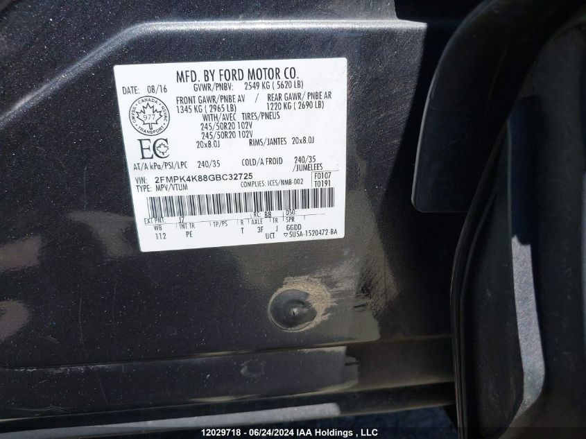 2016 Ford Edge VIN: 2FMPK4K88GBC32725 Lot: 12029718