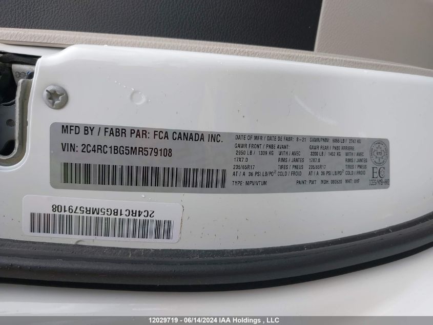 2021 Chrysler Pacifica Touring L VIN: 2C4RC1BG5MR579108 Lot: 12029719