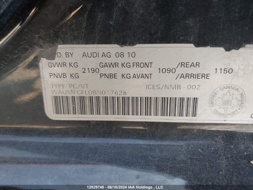 2011 Audi A4 VIN: WAUMFCFL0BN017628 Lot: 12029745