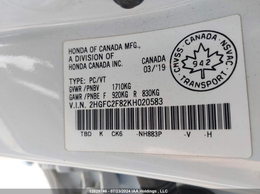 2019 Honda Civic VIN: 2HGFC2F82KH020583 Lot: 12029746