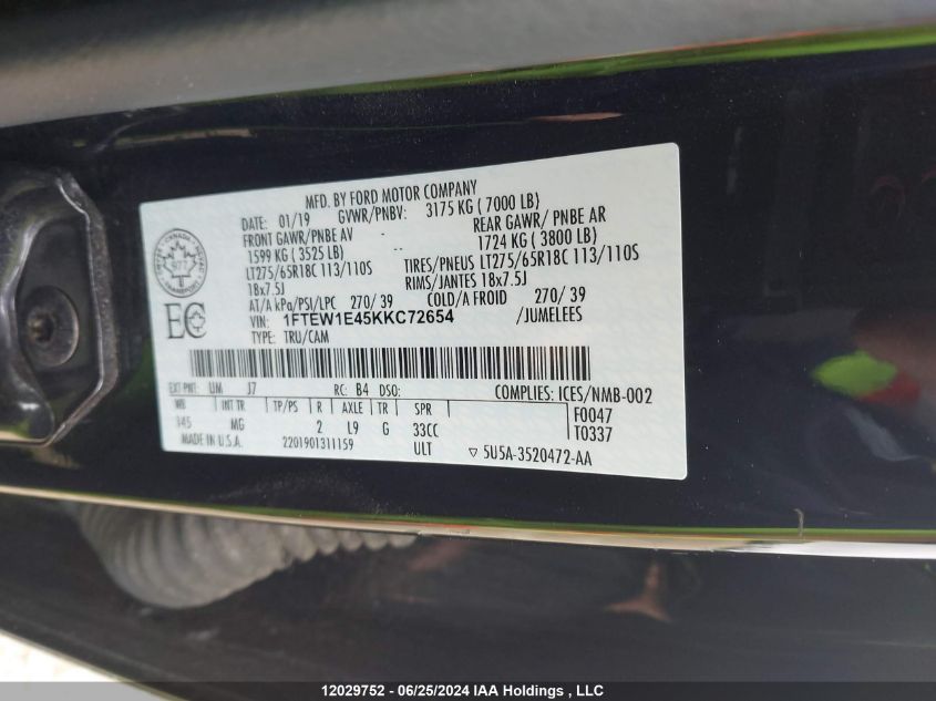 2019 Ford F-150 Xlt VIN: 1FTEW1E45KKC72654 Lot: 12029752