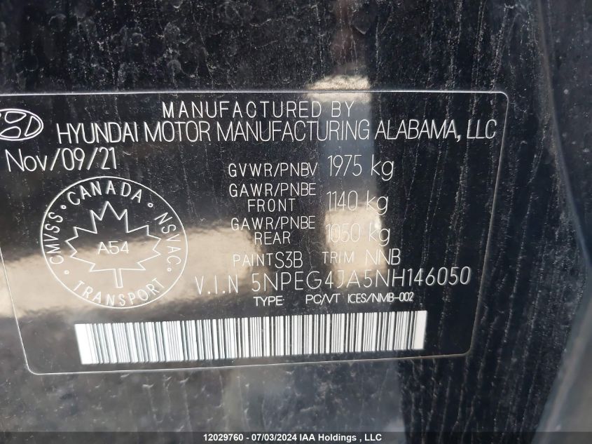 2022 Hyundai Sonata Preferred VIN: 5NPEG4JA5NH146050 Lot: 12029760