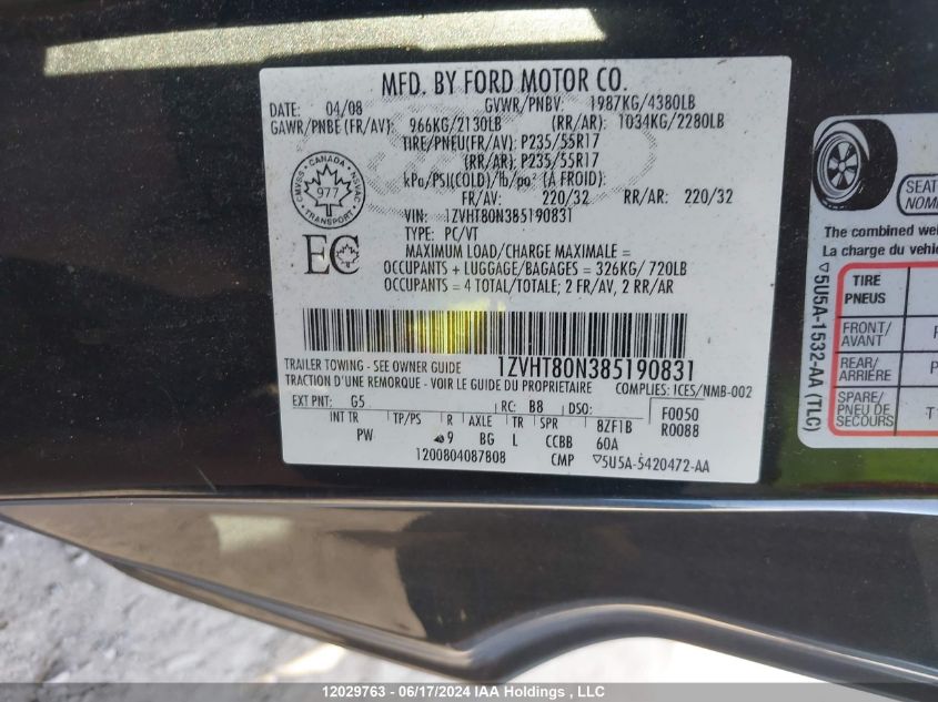 2008 Ford Mustang VIN: 1ZVHT80N385190831 Lot: 12029763