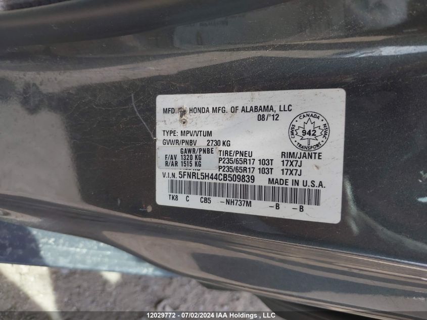 2012 Honda Odyssey Ex VIN: 5FNRL5H44CB509839 Lot: 12029772