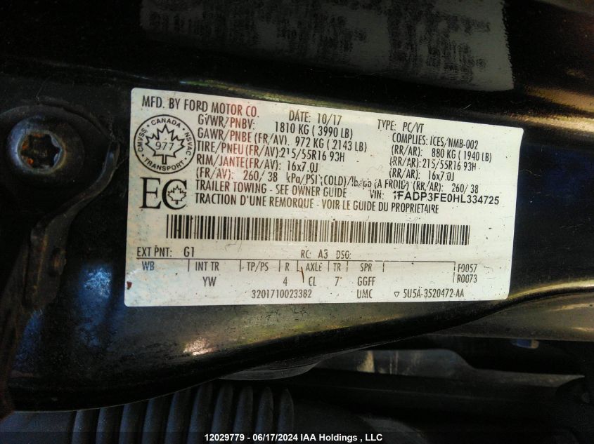 2017 Ford Focus Se VIN: 1FADP3FE0HL334725 Lot: 12029779