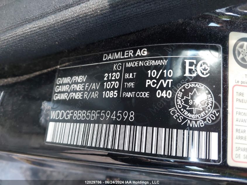 2011 Mercedes-Benz C-Class VIN: WDDGF8BB5BF594598 Lot: 12029786