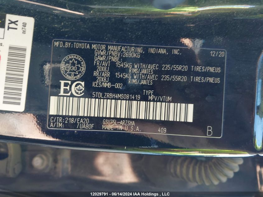 2021 Toyota Highlander Xse VIN: 5TDLZRBH4MS081419 Lot: 12029791