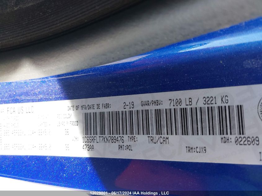 2019 Ram 1500 Rebel VIN: 1C6SRFLT7KN789476 Lot: 12029801