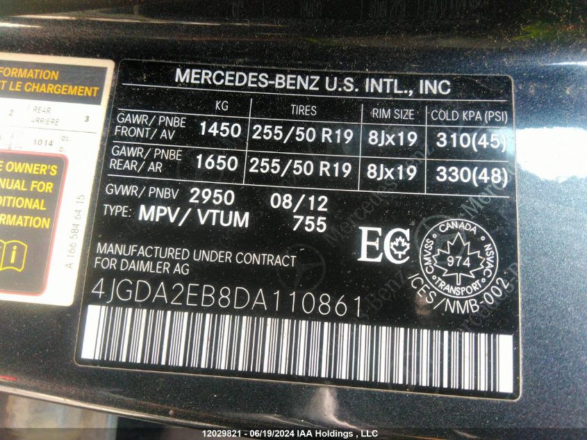 2013 Mercedes-Benz M-Class VIN: 4JGDA2EB8DA110861 Lot: 12029821