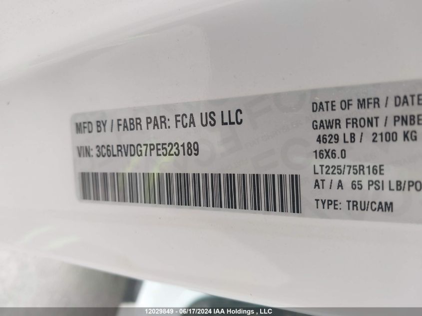 2023 Ram Promaster 2500 2500 High VIN: 3C6LRVDG7PE523189 Lot: 12029849