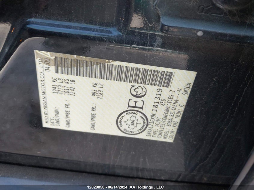 2009 Nissan Altima 2.5/2.5S VIN: 1N4AL21EX9C181319 Lot: 12029850