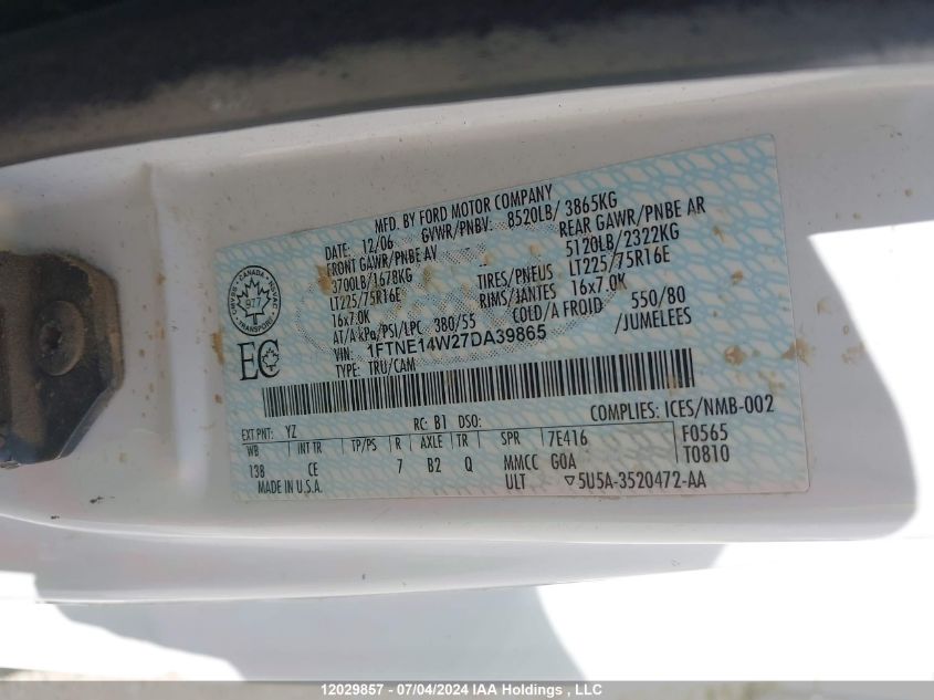 2007 Ford Econoline Cargo VIN: 1FTNE14W27DA39865 Lot: 12029857