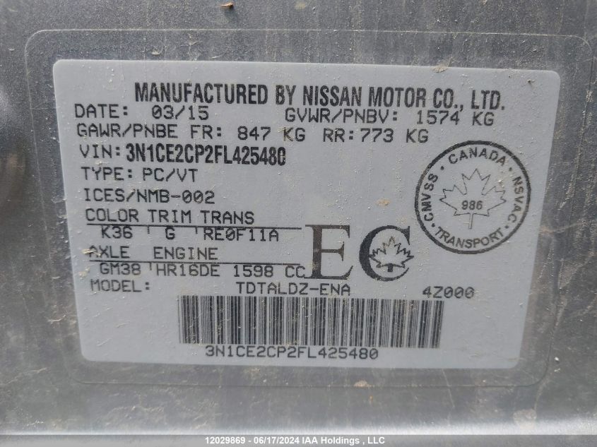 2015 Nissan Versa Note S/S Plus/Sv/Sl/Sr VIN: 3N1CE2CP2FL425480 Lot: 12029869