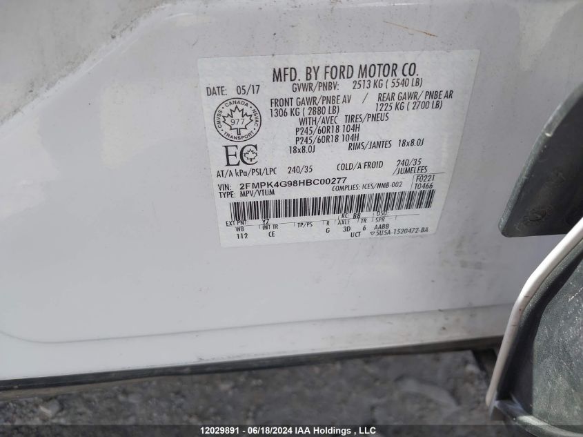 2017 Ford Edge Se VIN: 2FMPK4G98HBC00277 Lot: 12029891
