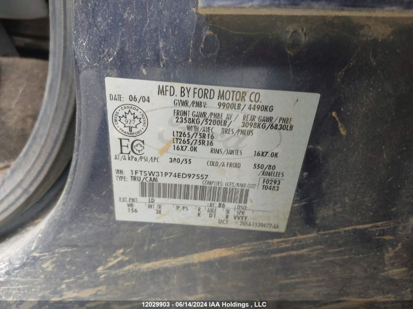 2004 Ford Super Duty F-350 Srw VIN: 1FTSW31P74ED97557 Lot: 12029903