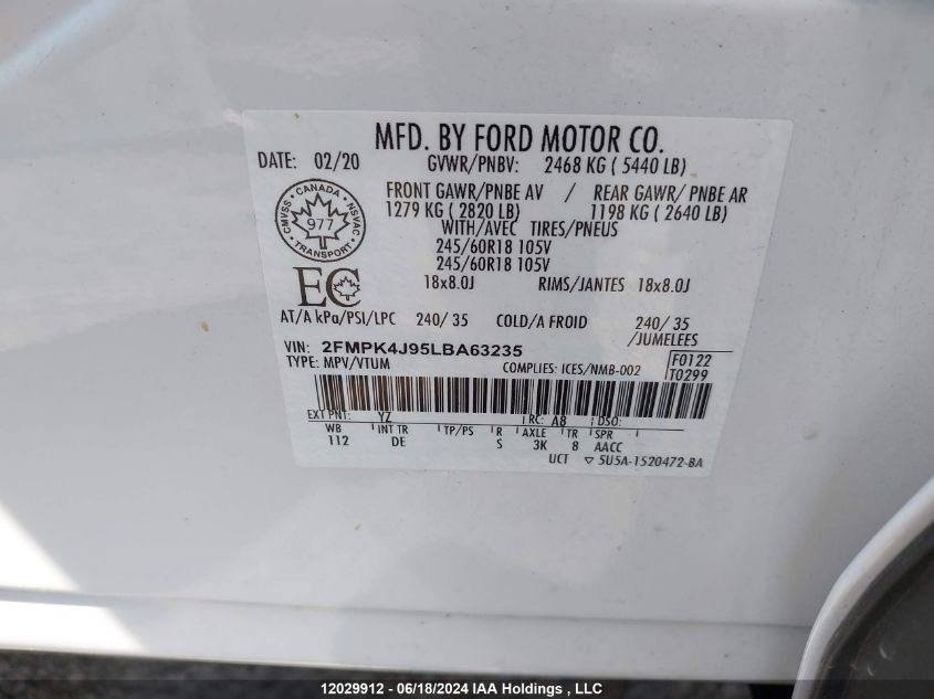 2020 Ford Edge Sel VIN: 2FMPK4J95LBA63235 Lot: 12029912