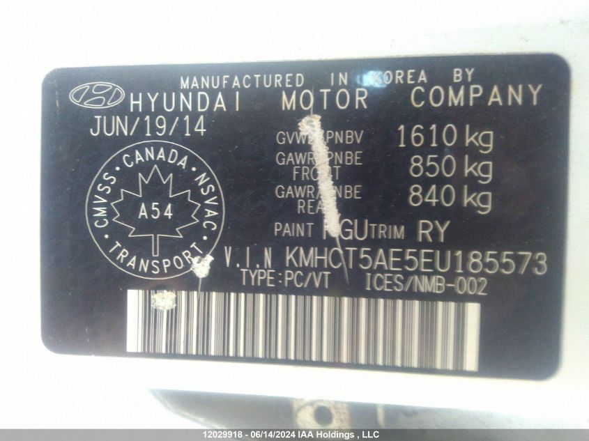 2014 Hyundai Accent Gls/Gs VIN: KMHCT5AE5EU185573 Lot: 12029918