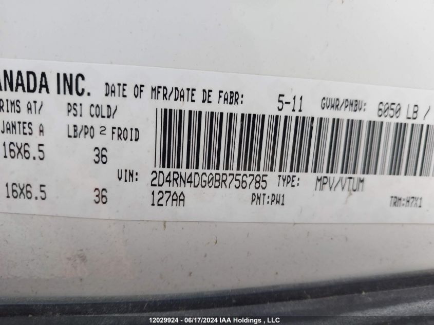 2011 Dodge Grand Caravan Se/Sxt VIN: 2D4RN4DG0BR756785 Lot: 12029924