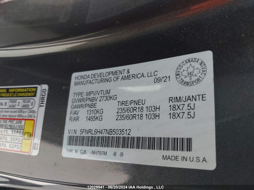 2022 Honda Odyssey VIN: 5FNRL6H47NB503512 Lot: 12029941