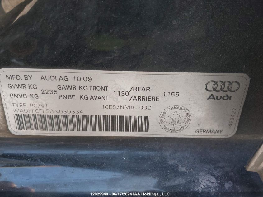 2010 Audi A4 VIN: WAUFFCFL5AN030334 Lot: 12029948