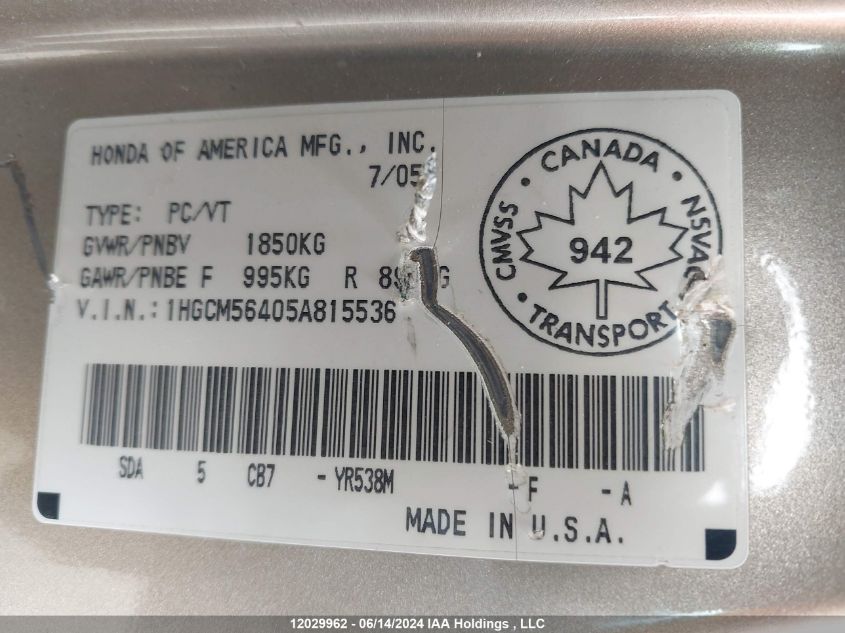 2005 Honda Accord Sdn VIN: 1HGCM56405A815536 Lot: 12029962