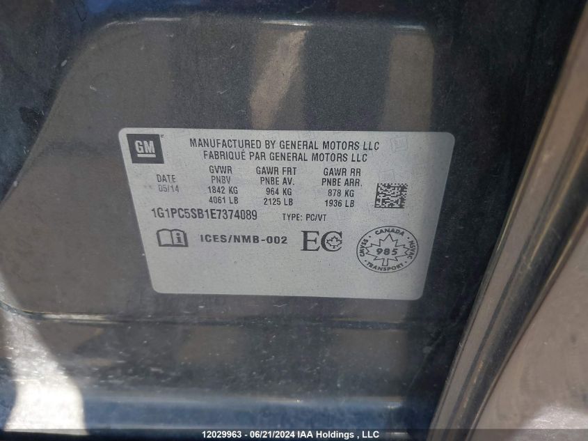2014 Chevrolet Cruze VIN: 1G1PC5SB1E7374089 Lot: 12029963