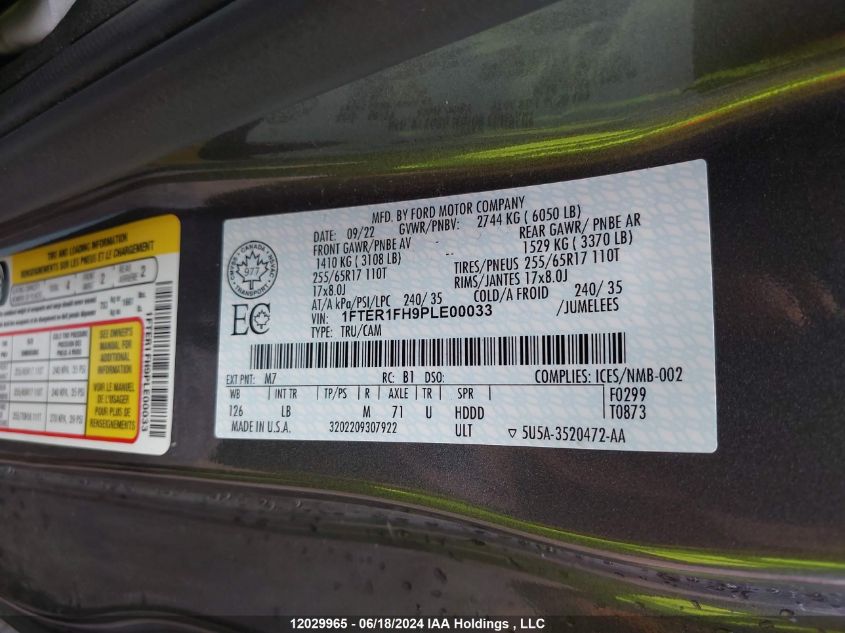 2023 Ford Ranger Xlt VIN: 1FTER1FH9PLE00033 Lot: 12029965