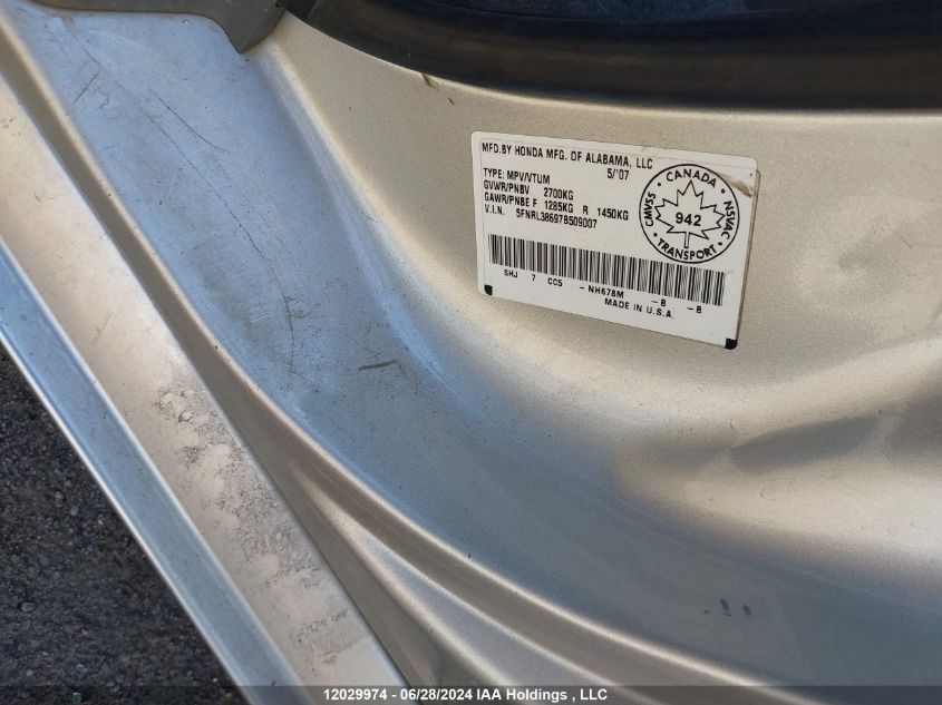 2007 Honda Odyssey VIN: 5FNRL38697B509007 Lot: 12029974