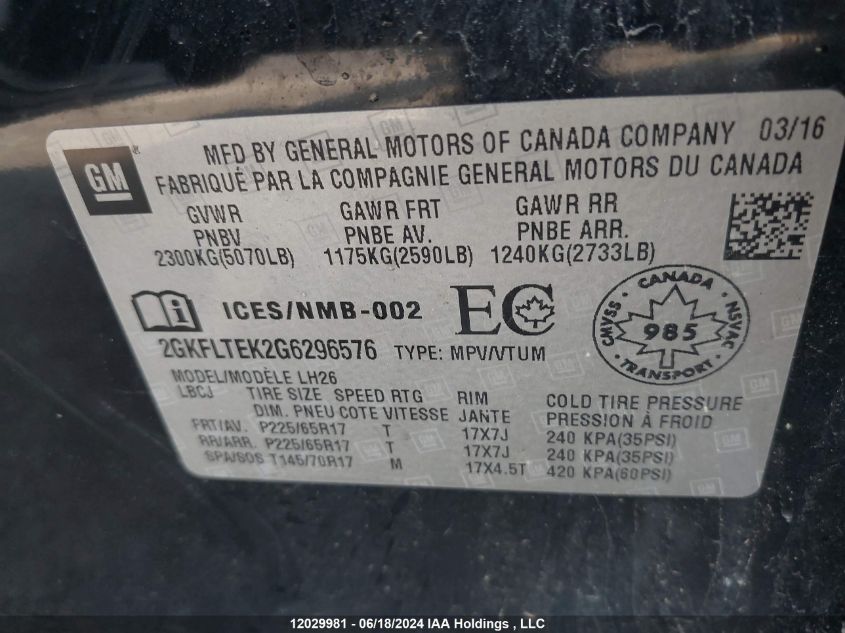 2016 GMC Terrain VIN: 2GKFLTEK2G6296576 Lot: 12029981