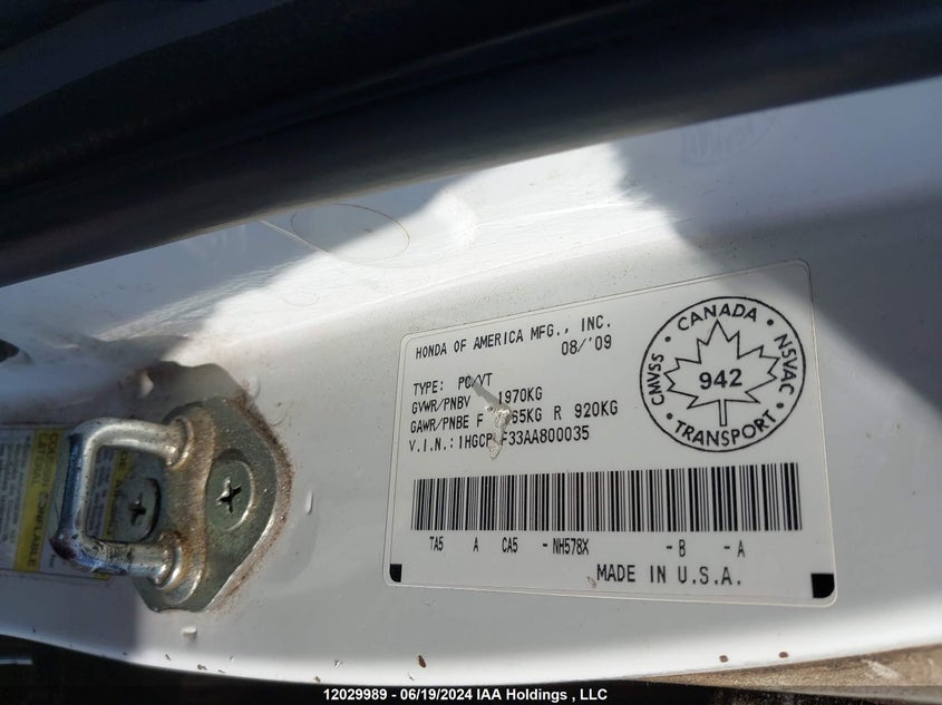 2010 Honda Accord Sedan VIN: 1HGCP2F33AA800035 Lot: 12029989