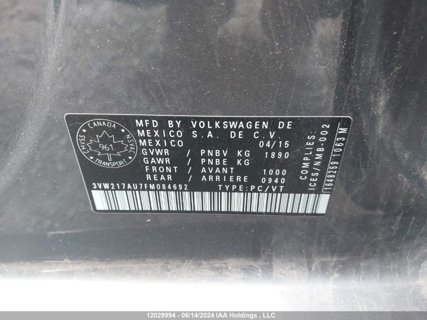 2015 Volkswagen Golf VIN: 3VW217AU7FM084692 Lot: 12029994