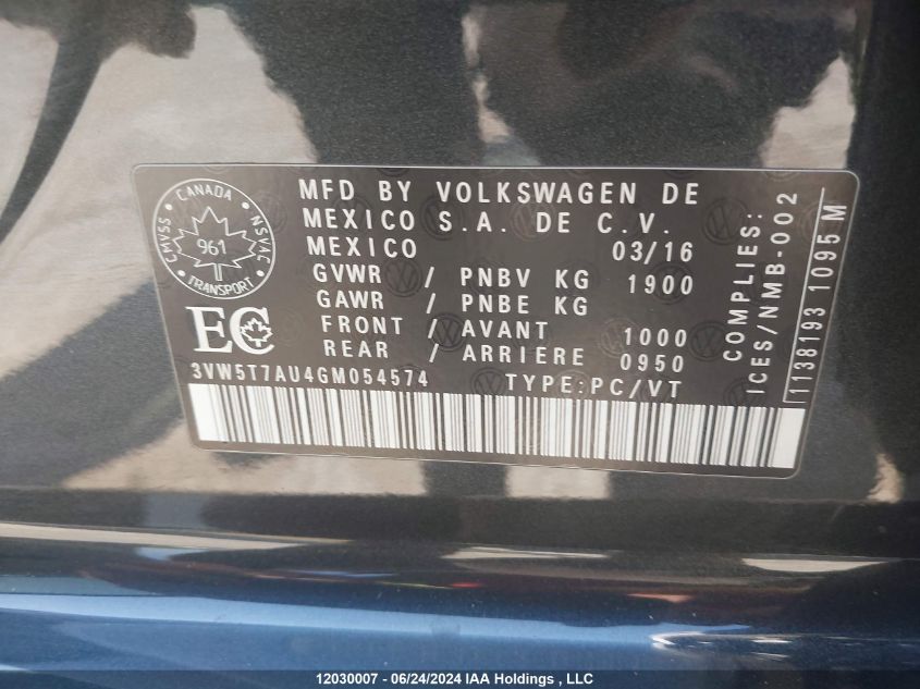 2016 Volkswagen Golf Gti VIN: 3VW5T7AU4GM054574 Lot: 12030007