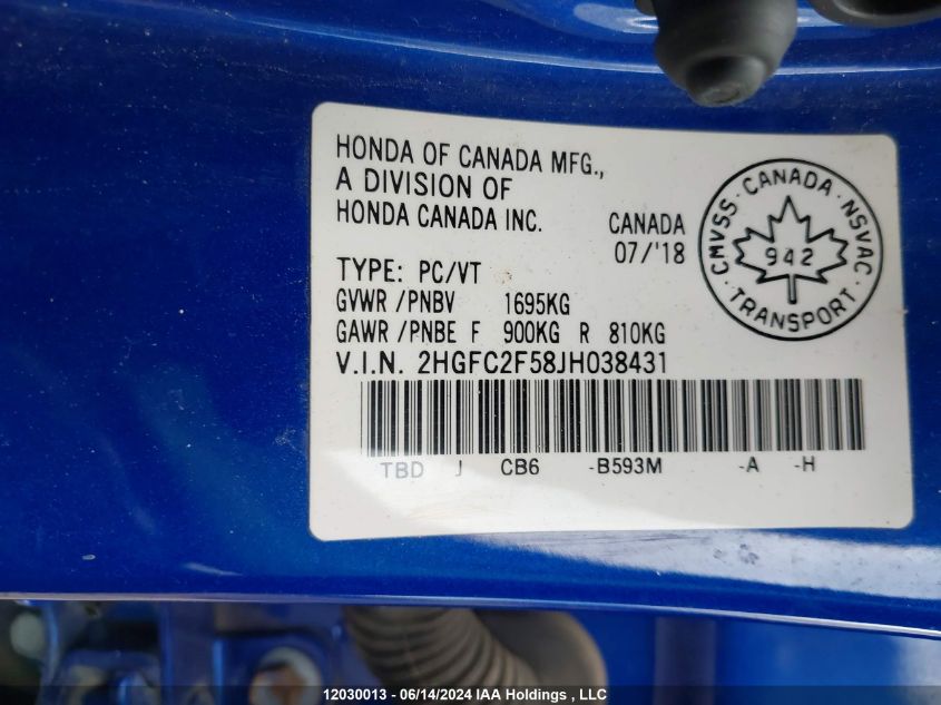 2018 Honda Civic Sedan VIN: 2HGFC2F58JH038431 Lot: 12030013