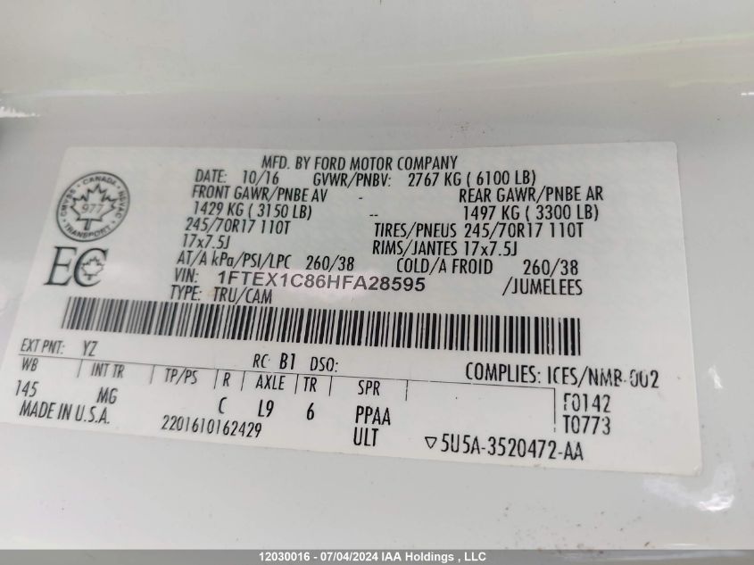 2017 Ford F-150 VIN: 1FTEX1C86HFA28595 Lot: 12030016