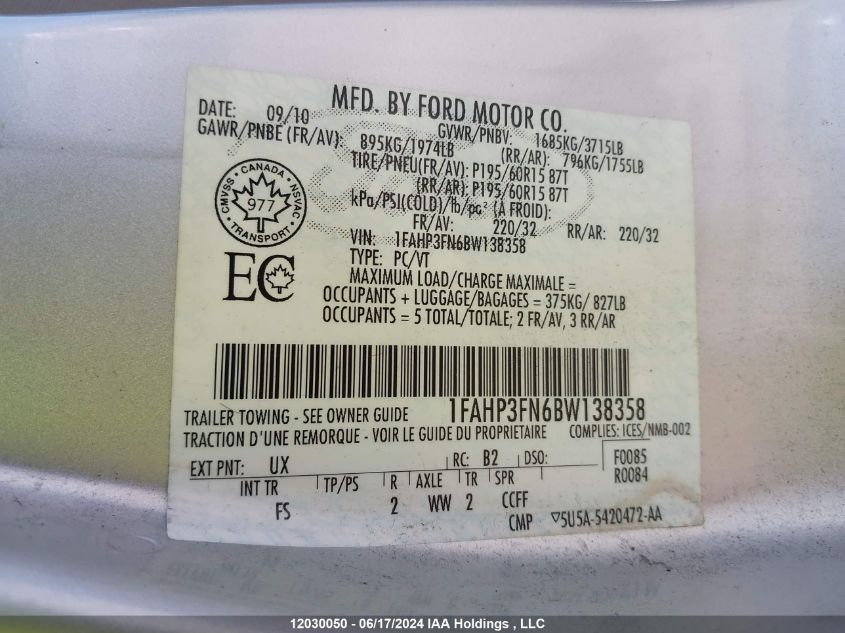 2011 Ford Focus VIN: 1FAHP3FN6BW138358 Lot: 12030050