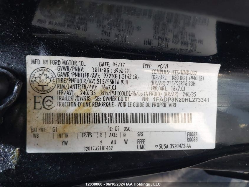 2017 Ford Focus Se VIN: 1FADP3K20HL273341 Lot: 12030060