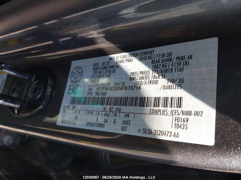 2022 Ford F150 Supercrew VIN: 1FTFW1E5XNFB75718 Lot: 12030067