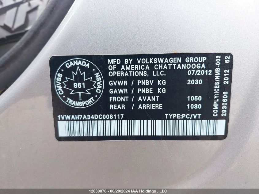 2013 Volkswagen Passat VIN: 1VWAH7A34DC008117 Lot: 12030076