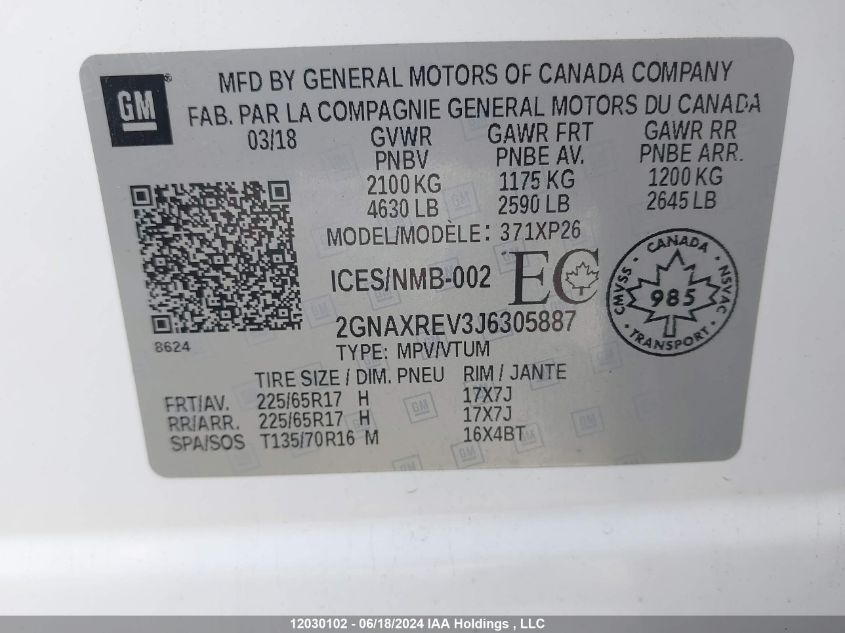 2018 Chevrolet Equinox VIN: 2GNAXREV3J6305887 Lot: 12030102