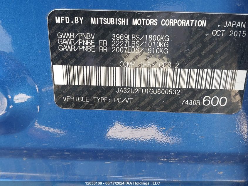 2016 Mitsubishi Lancer VIN: JA32U2FU1GU600532 Lot: 12030108