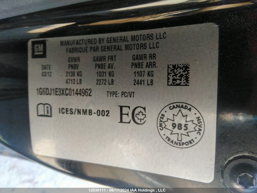 2012 Cadillac Cts VIN: 1G6DJ1E3XC0144962 Lot: 12030111