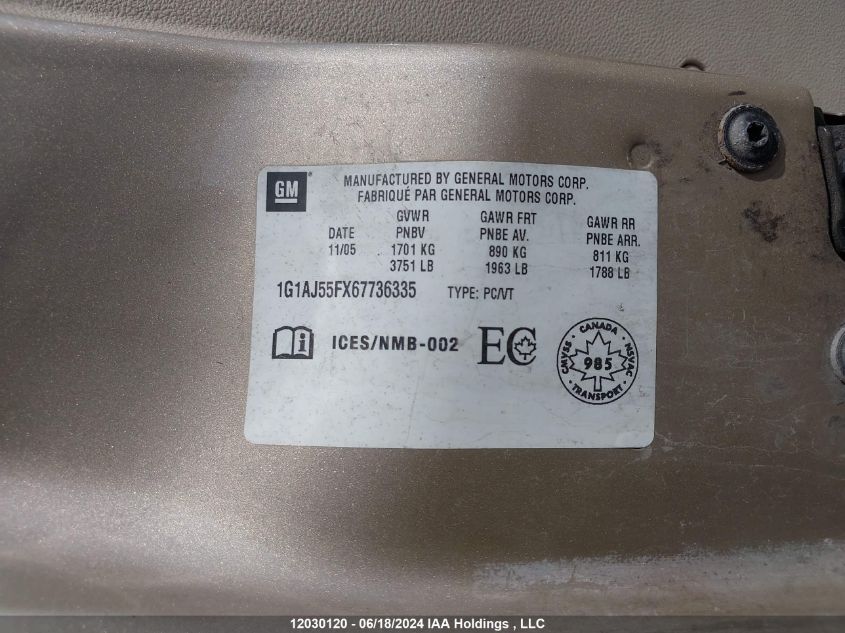 2006 Chevrolet Cobalt VIN: 1G1AJ55FX67736335 Lot: 12030120