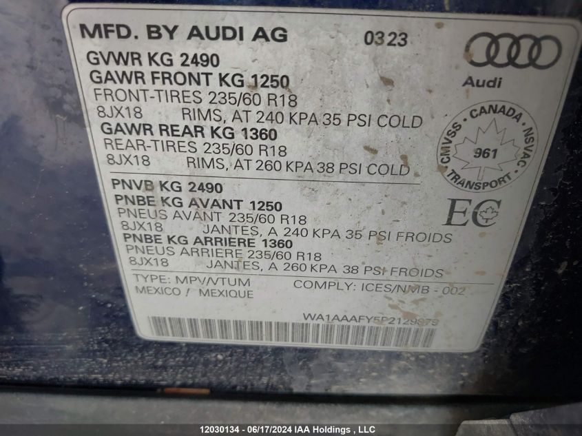 2023 Audi Q5 VIN: WA1AAAFY5P2129879 Lot: 12030134