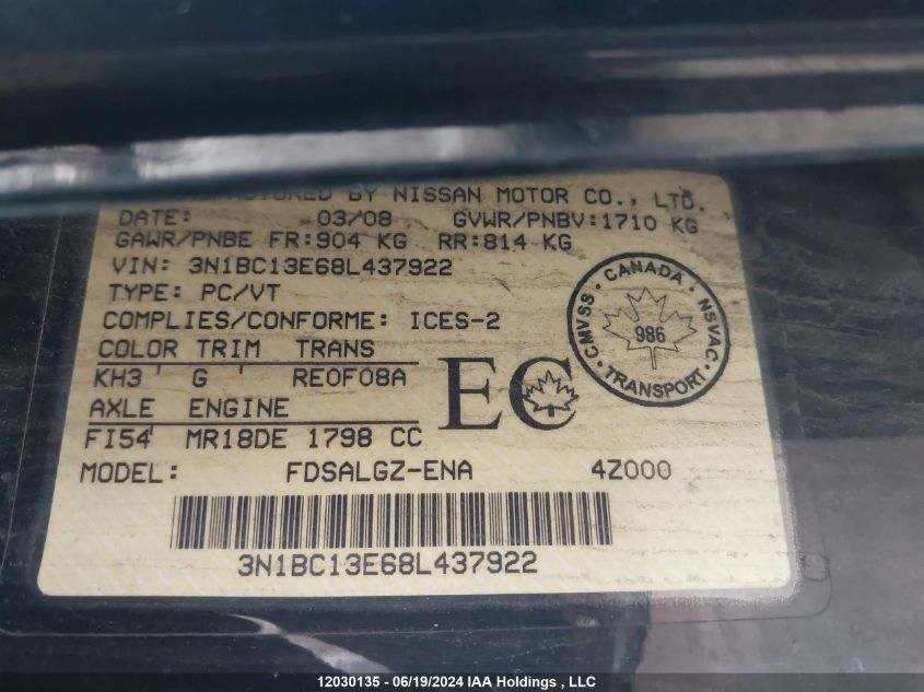 2008 Nissan Versa 1.8Sl VIN: 3N1BC13E68L437922 Lot: 12030135
