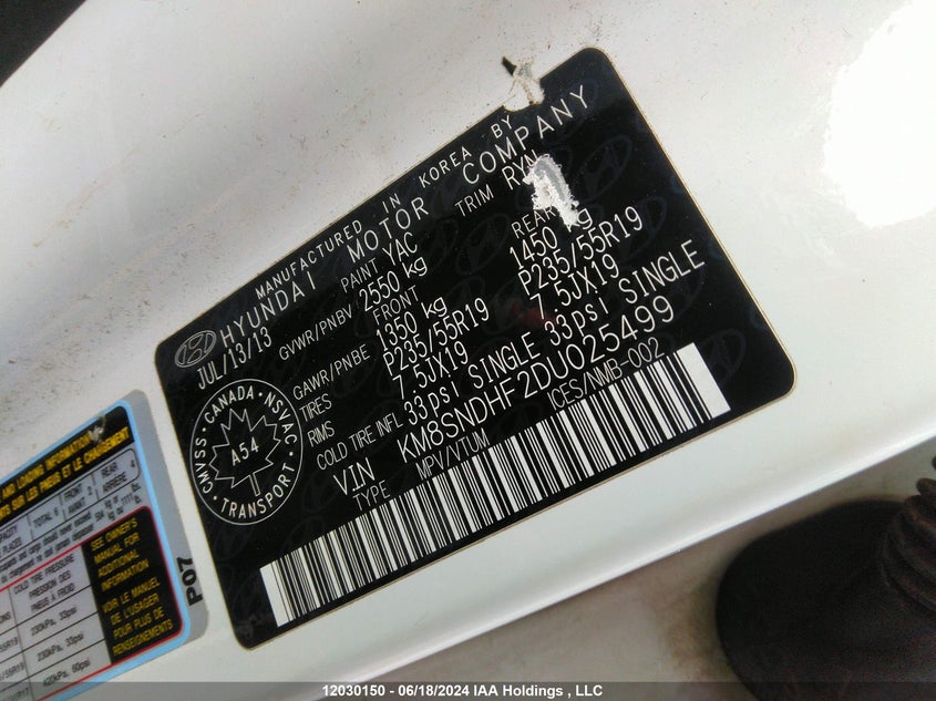 2013 Hyundai Santa Fe VIN: KM8SNDHF2DU025499 Lot: 12030150