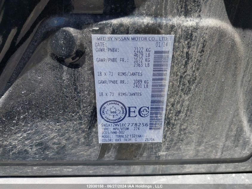 2014 Nissan Rogue VIN: 5N1AT2MV1EC778256 Lot: 12030158