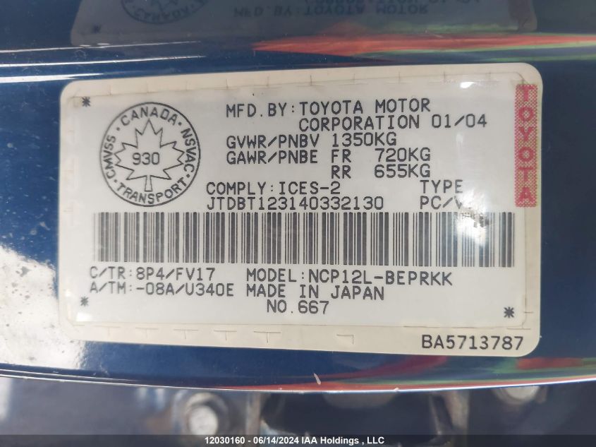 2004 Toyota Echo VIN: JTDBT123140332130 Lot: 12030160