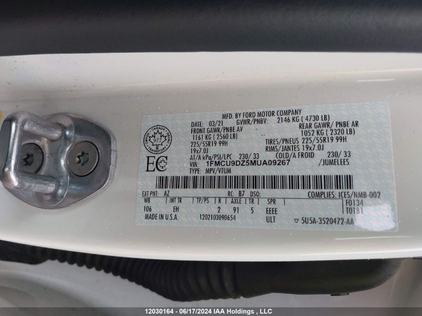 2021 Ford Escape Titanium VIN: 1FMCU9DZ5MUA09267 Lot: 12030164