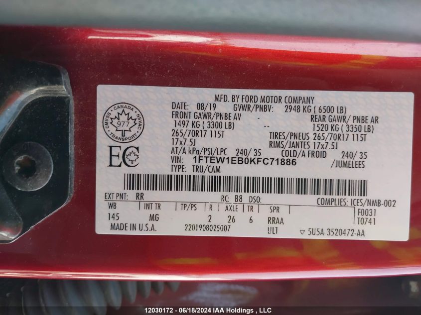 2019 Ford F-150 Xlt VIN: 1FTEW1EB0KFC71886 Lot: 12030172